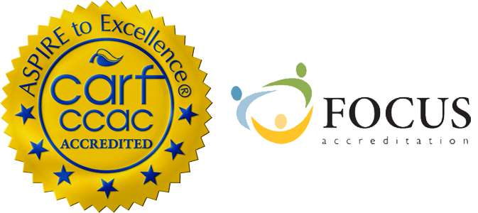 Logos for CARF and Focus accreditation standards